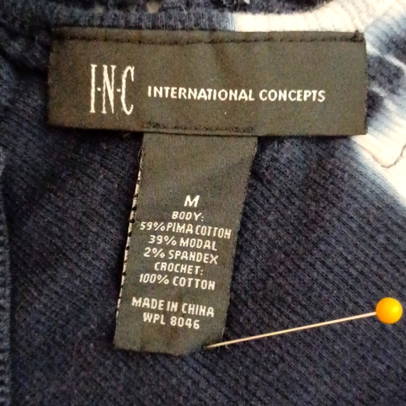 INC navy & white tie-dye rib tank with guipure lace - M - Picture 5 of 6